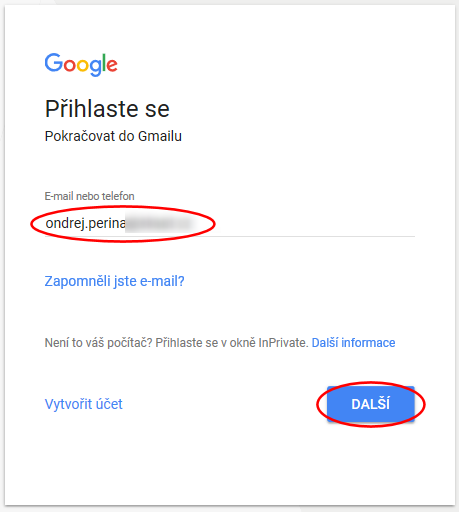 zadání e-mailové adresy (Google účet)